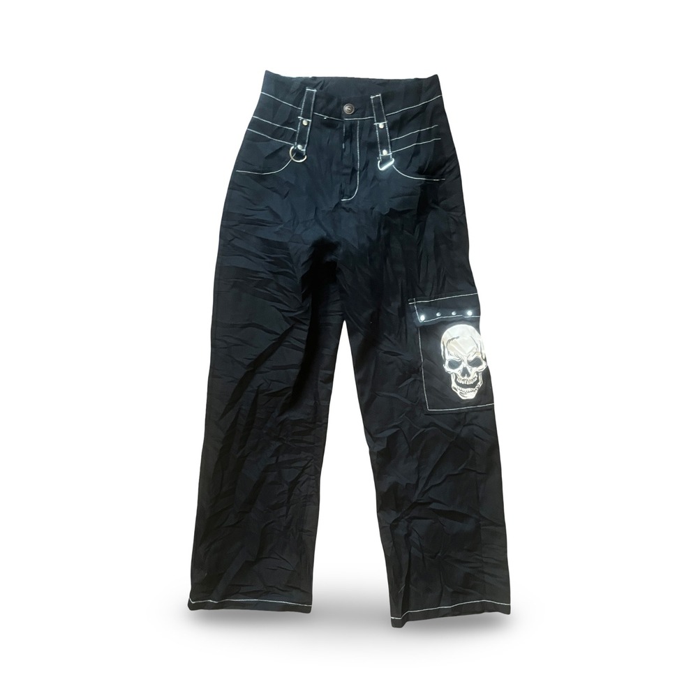 Romwe Skull Bones Grunge Skater Graphic Goth Black Wide Leg Pants Size XS